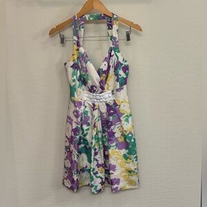 Cynthia Steffe White Dress w/ Purple, Yellow & Green Floral Print - Size 8